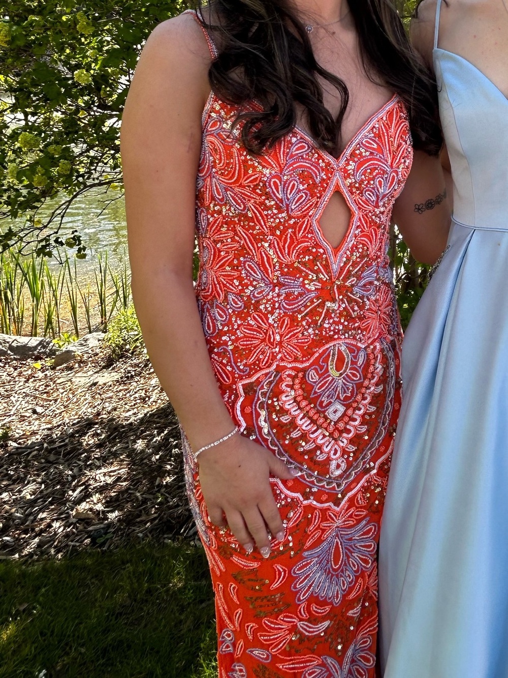 Jovani Coral and Lavender Beaded Spaghetti Strap Prom Dress - Picture 4 of 10